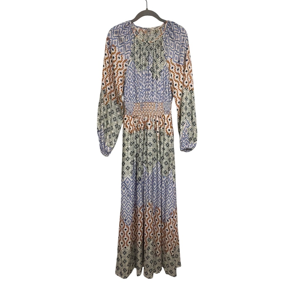 Boden Silk Blend Patchwork Maxi Dress Smocked Waist Geometric Print Blue US 2R
